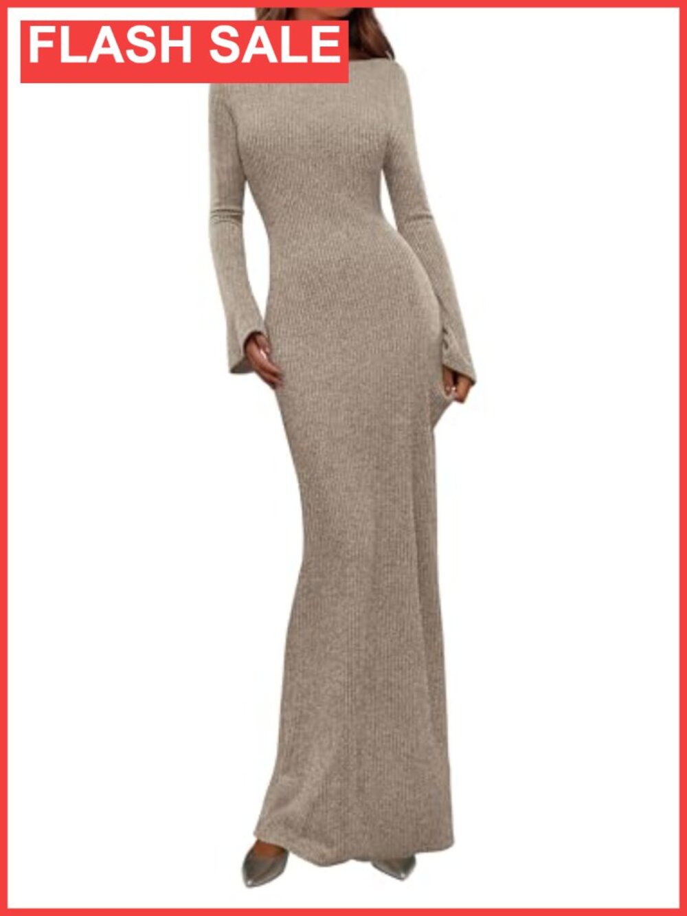 Ribbed Knit Bodycon Maxi Dress Bell Sleeve Boat Neck Long Sleeve